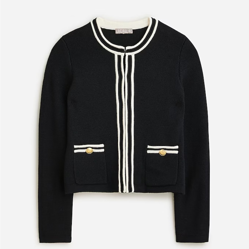 J Crew Emilie Sweater Lady Jacket with Contrast Trim Black and Ivory
